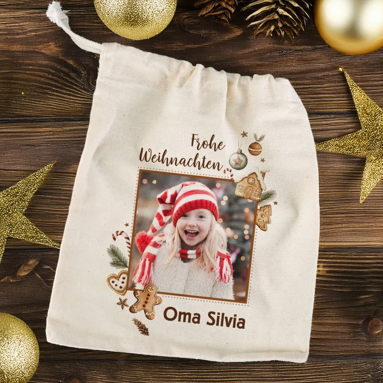 Weihnachtliches Geschenksäckchen mit Lebkuchen-Motiv