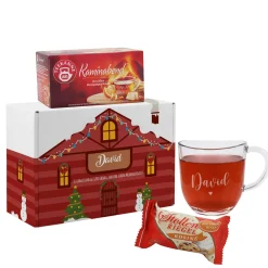 Weihnachtliches Geschenkset mit personalisierbarer Weihnachtshausverpackung, Teekanne Tee, kleinen S