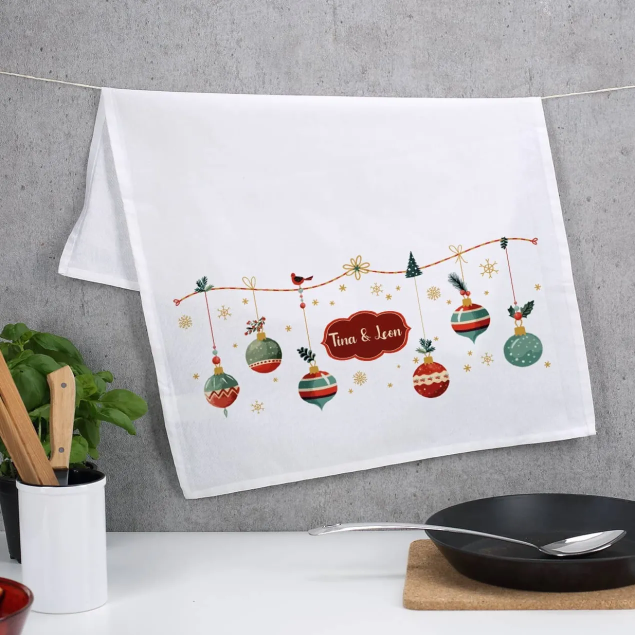 Weihnachtliches Geschirrtuch mit Name bedruckt