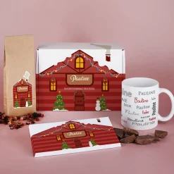 Weihnachtliches Tee Geschenkset mit Weihnachtshäuschen-Motiv mit Name und Wunschtext
