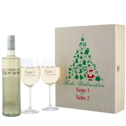 Weihnachtliches Weinset aus 2 gravierten Gläsern und Wein in Holzbox