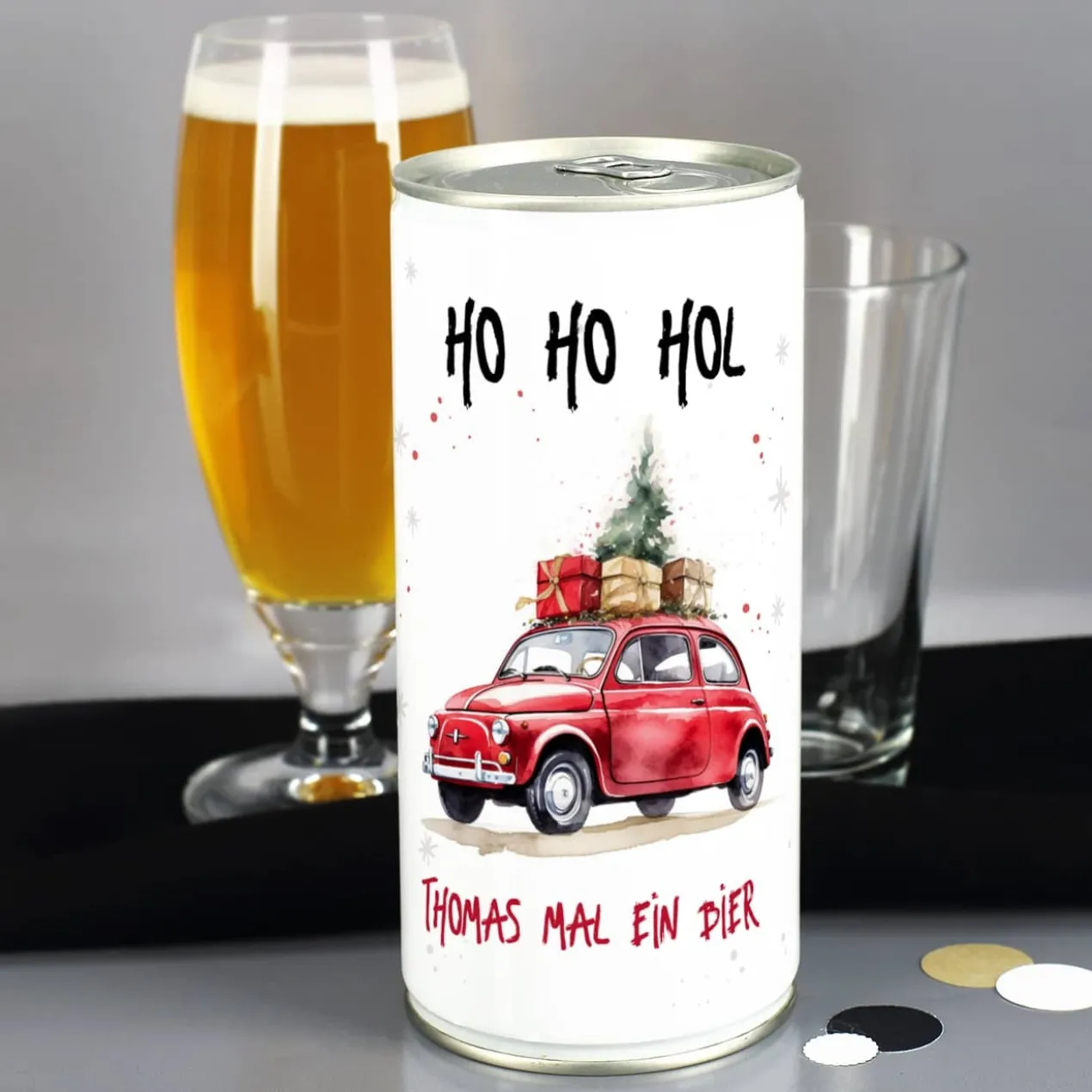 Weihnachts-Bier mit Ihrem Text & Santa's Fuhrpark