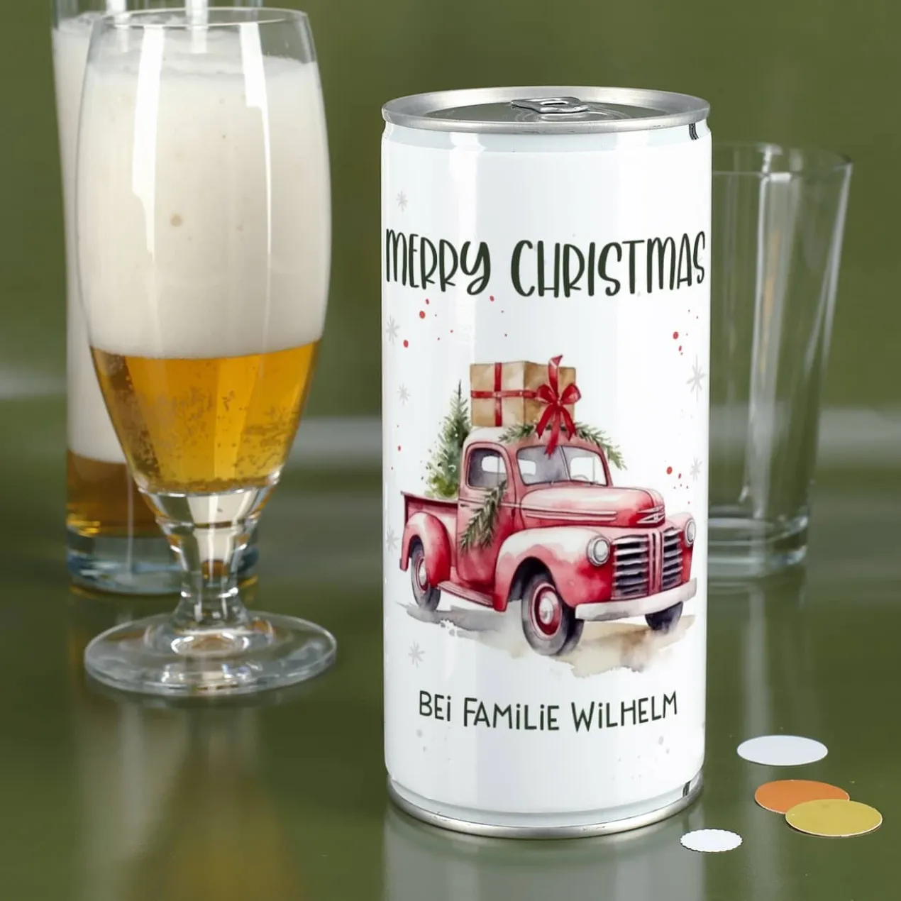 Weihnachts-Bier mit Ihrem Text & Santa's Fuhrpark