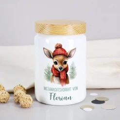 Weihnachts-Dose mit kleinem Rentier, Wunschtext & Name