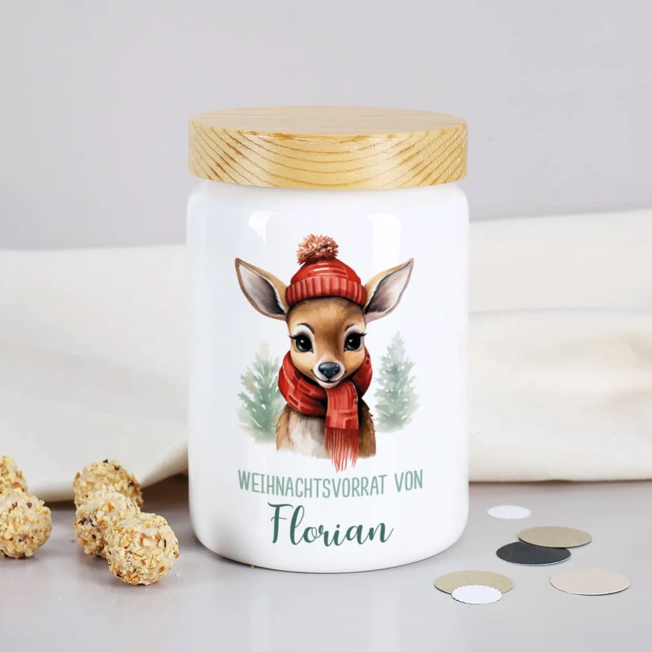 Weihnachts-Dose mit kleinem Rentier, Wunschtext & Name