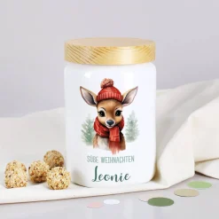 Weihnachts-Dose mit kleinem Rentier, Wunschtext & Name