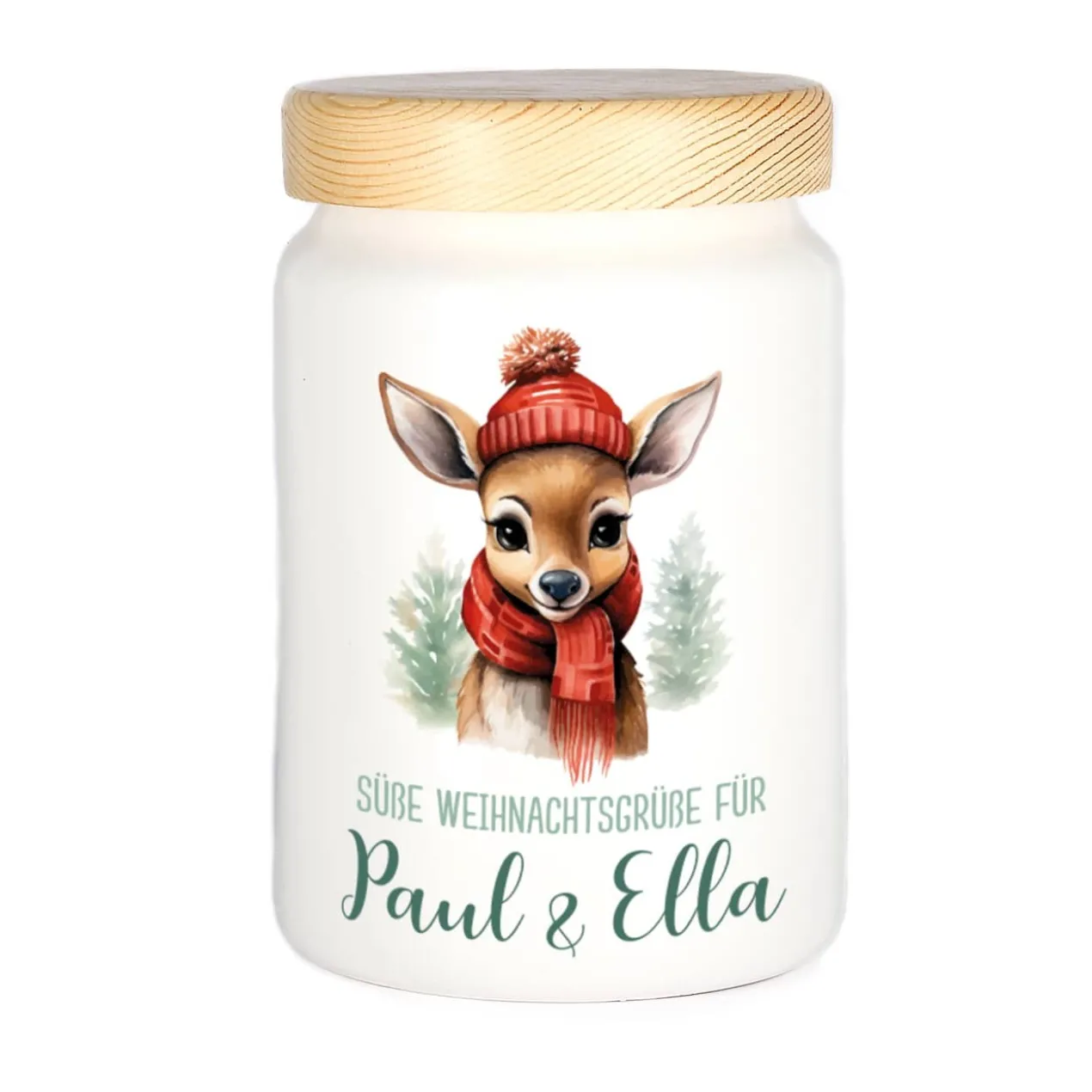 Weihnachts-Dose mit kleinem Rentier, Wunschtext & Name