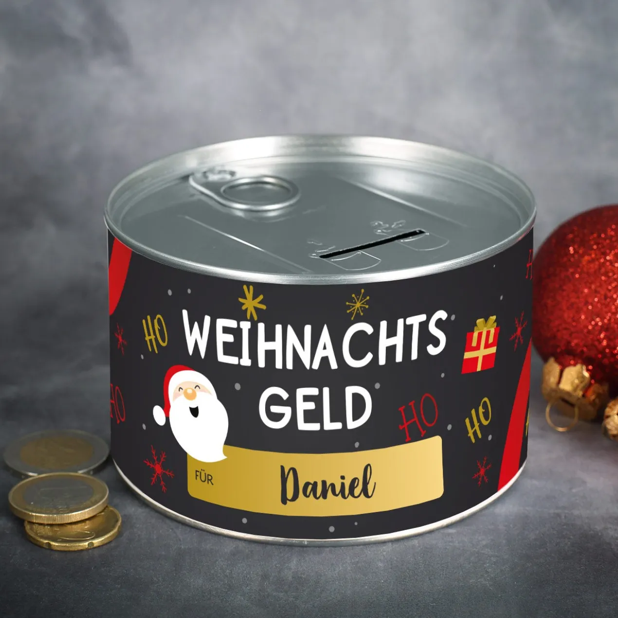 Weihnachtsgeld - Aufreißspardose aus Metall mit Ihrem Wunschnamen