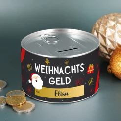 Weihnachtsgeld - Aufreißspardose aus Metall mit Ihrem Wunschnamen