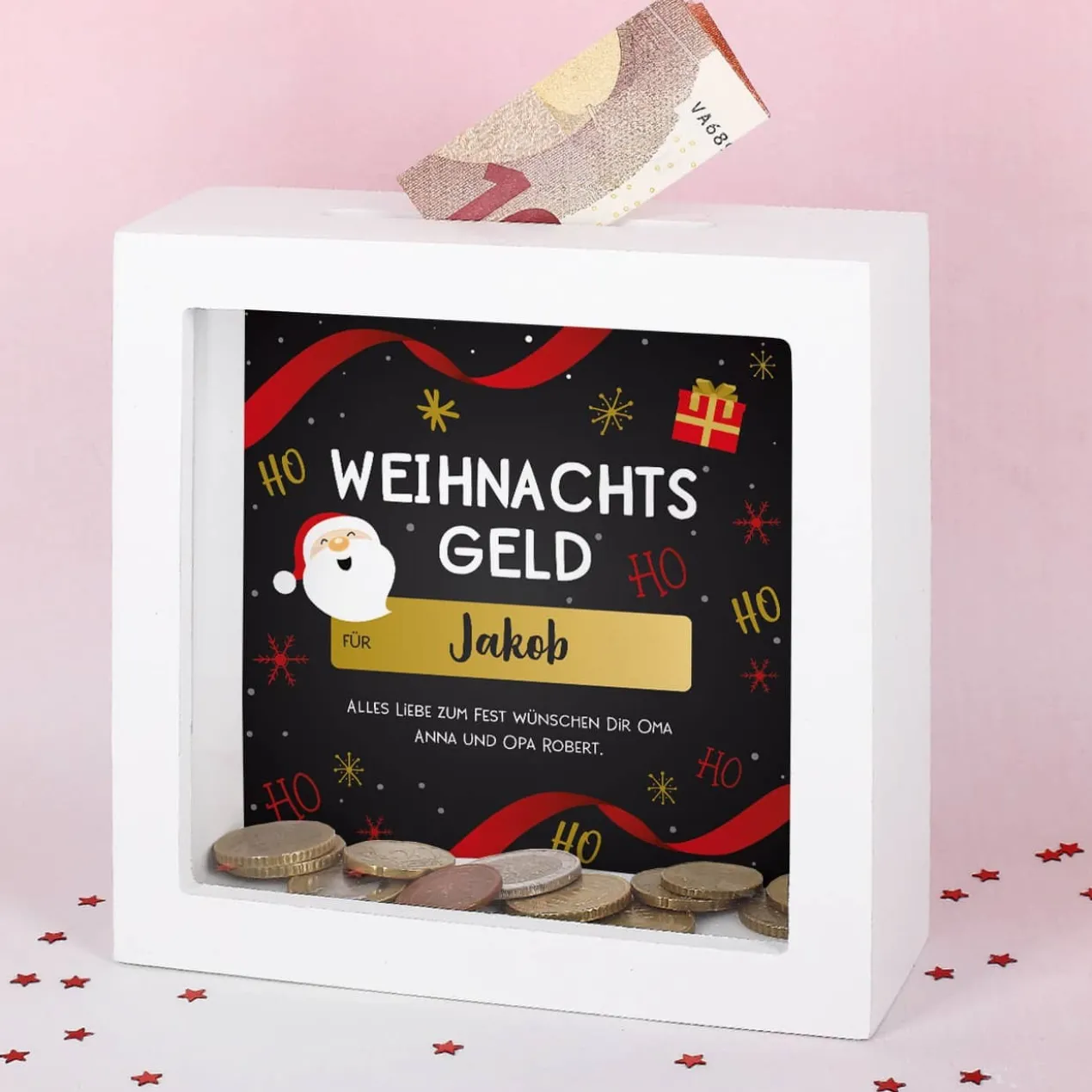 Weihnachtsgeld - Bilderrahmen Spardose mit Name und Wunschtext