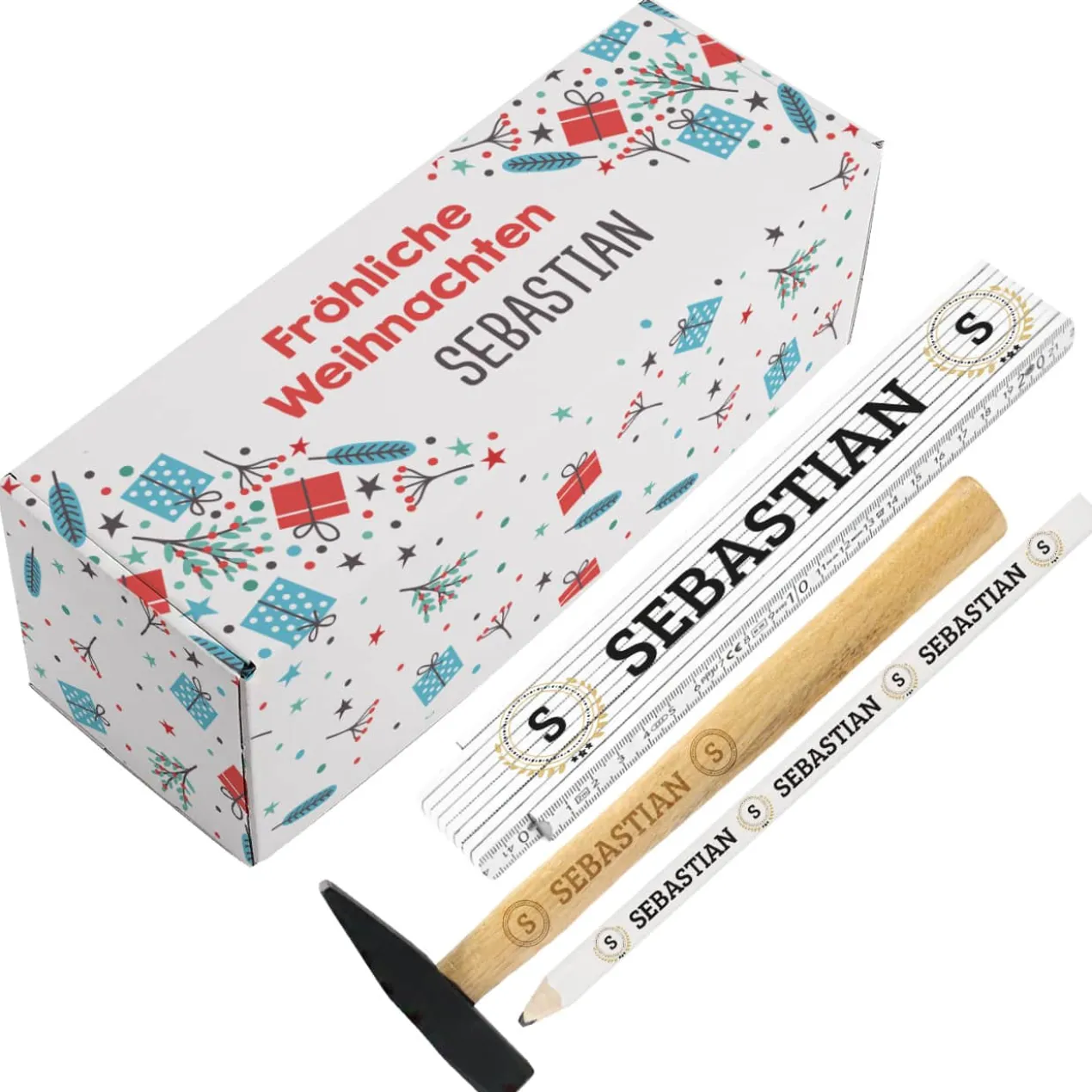 Weihnachtsgeschenk für Heimwerker mit Box, Hammer, Zollstock und Bleistift