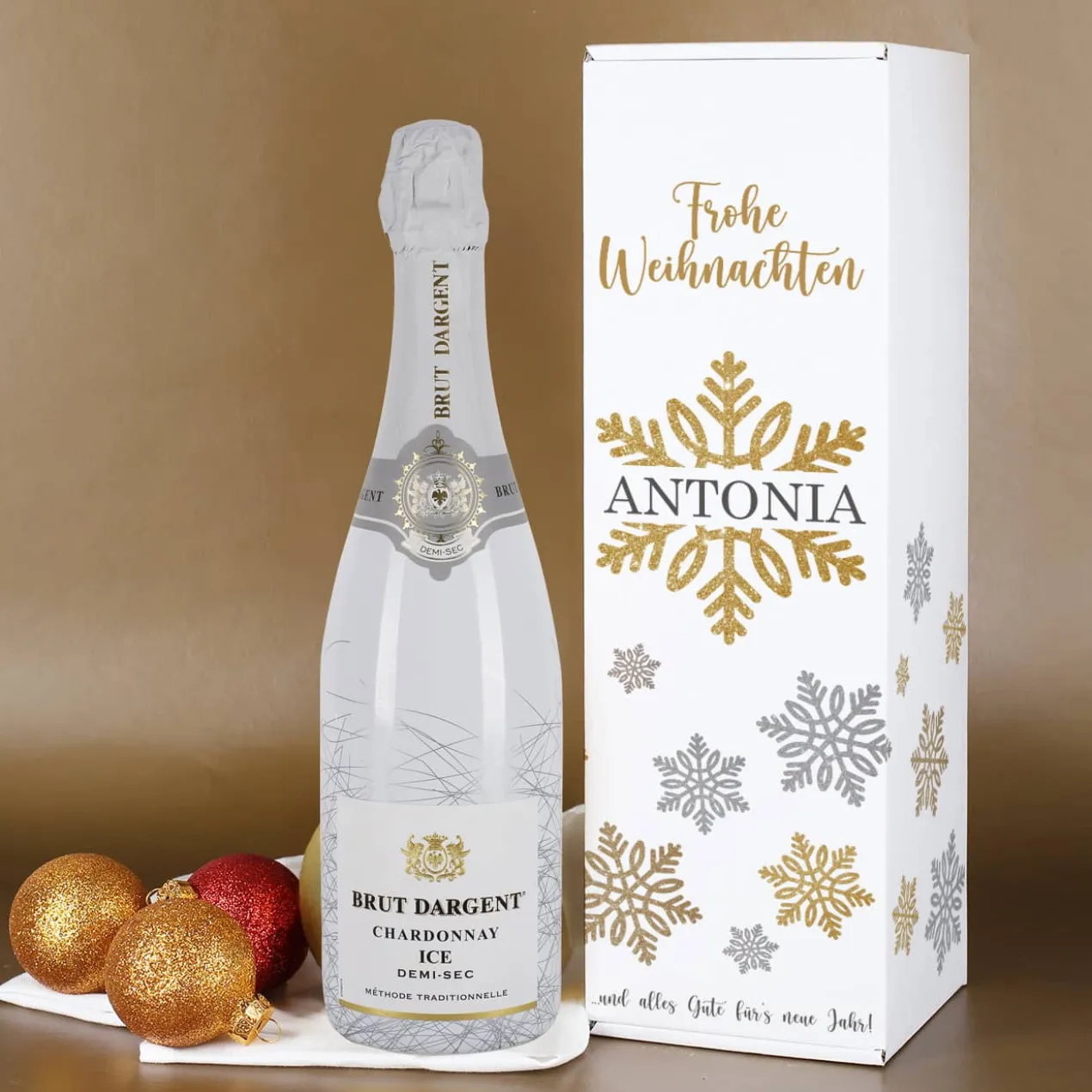Weihnachtsgeschenk - Sekt Brut D'Argent mit persönlicher Verpackung