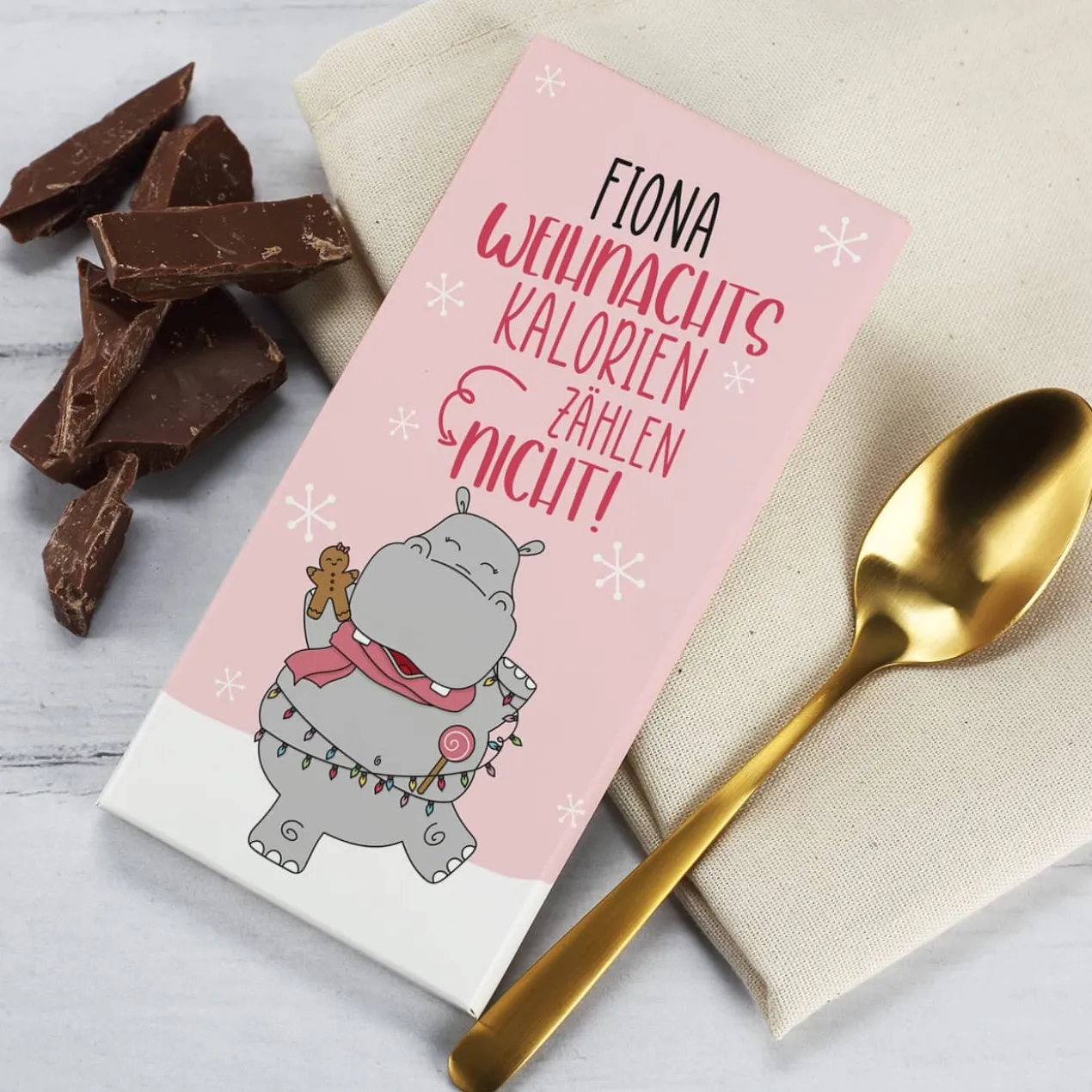 Weihnachtskalorien zählen nicht! - 100g Schokolade mit Wunschname und Nilpferd