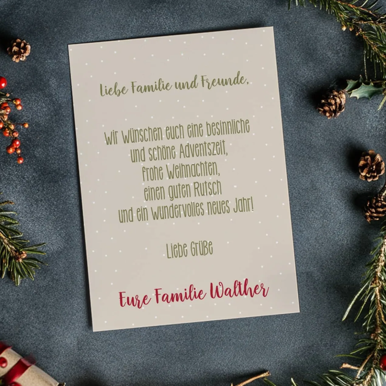 Weihnachtskarte mit bunten Zweigen, Ihrem Text und Foto