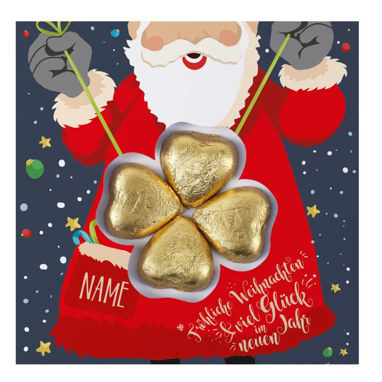 Weihnachtskarte mit Lindt Schokoladen-Kleeblatt und Name