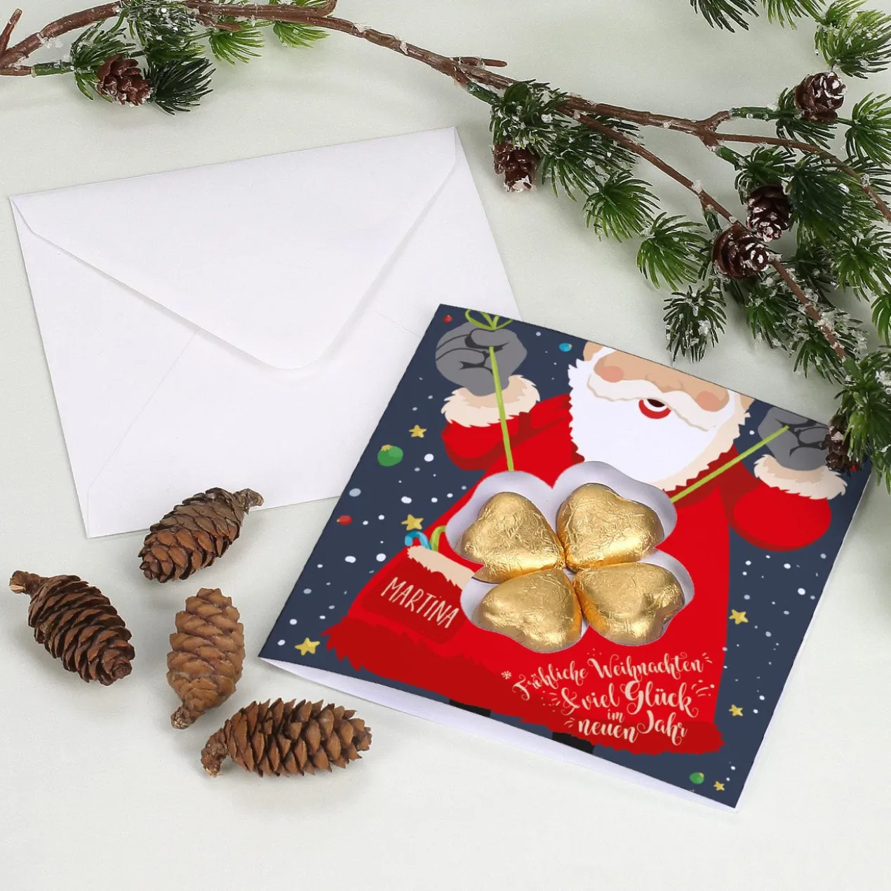 Weihnachtskarte mit Lindt Schokoladen-Kleeblatt und Name