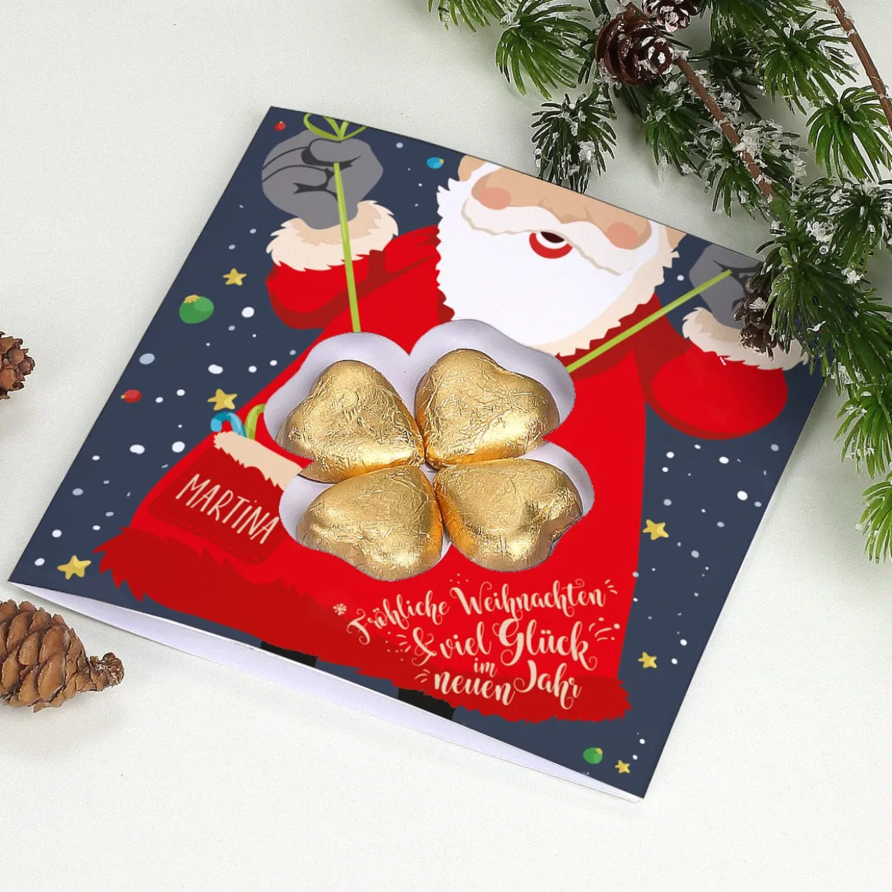 Weihnachtskarte mit Lindt Schokoladen-Kleeblatt und Name