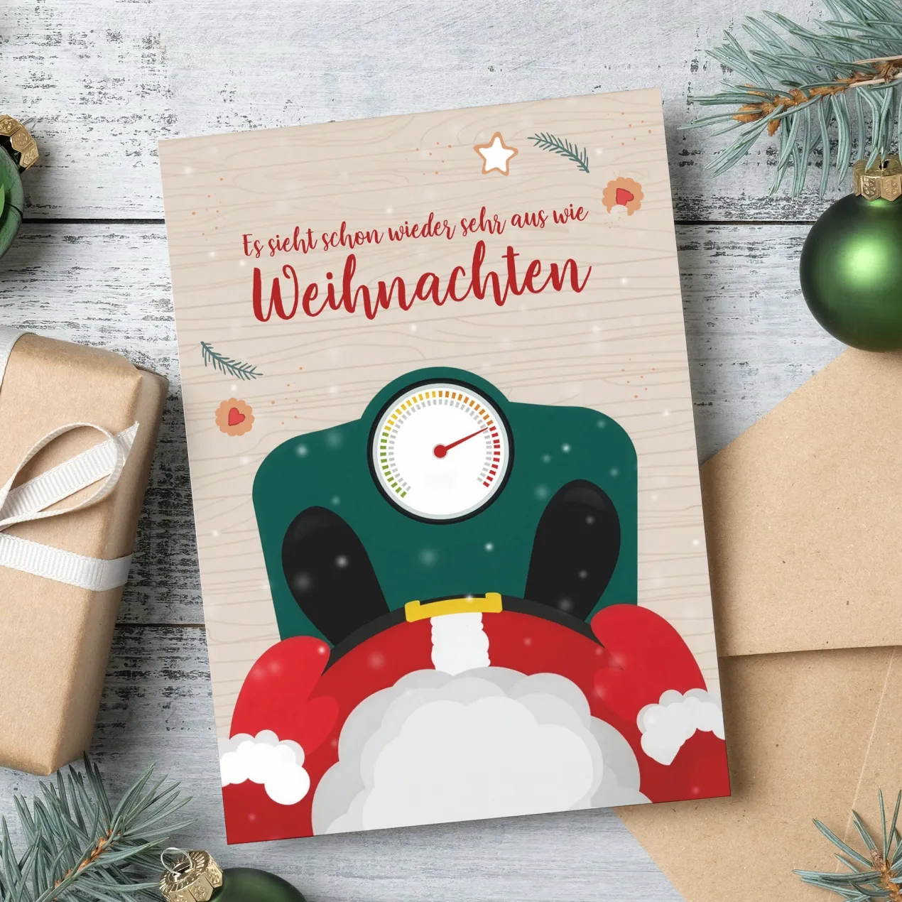 Weihnachtskarte personalisiert mit Fotos & Wunschtext | Weihnachtsmann auf Waage Motiv