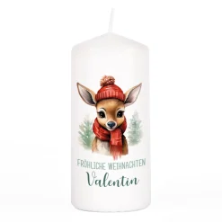Weihnachts-Kerze mit kleinem Rentier, Wunschtext & Name