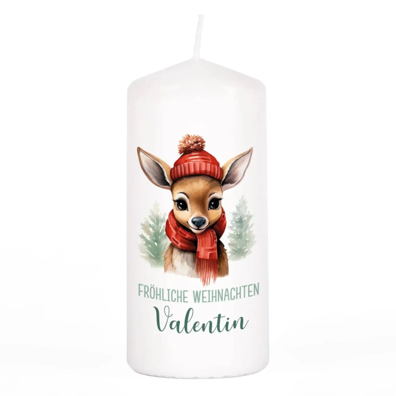 Weihnachts-Kerze mit kleinem Rentier, Wunschtext & Name