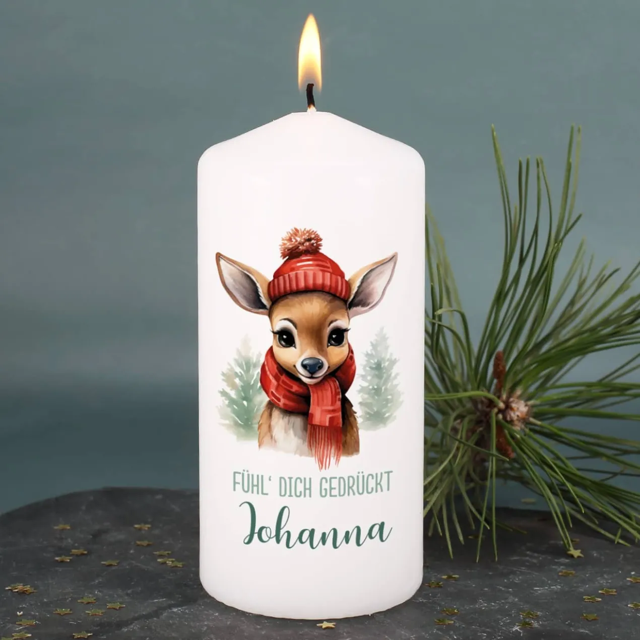 Weihnachts-Kerze mit kleinem Rentier, Wunschtext & Name