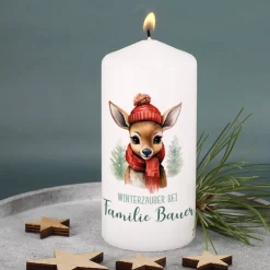 Weihnachts-Kerze mit kleinem Rentier, Wunschtext & Name
