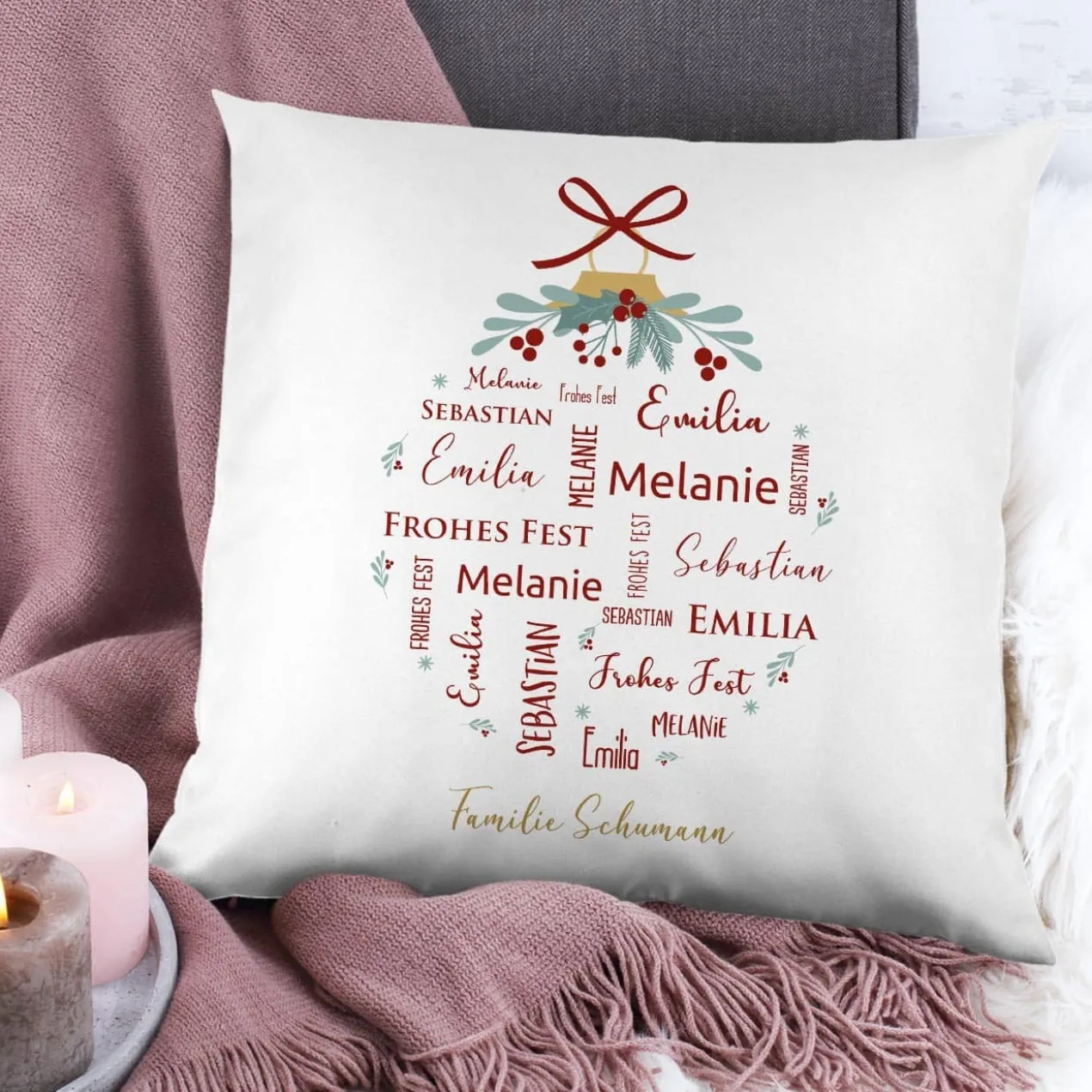 Weihnachts-Kissen mit bis zu vier Namen und Wunschtext bedruckt