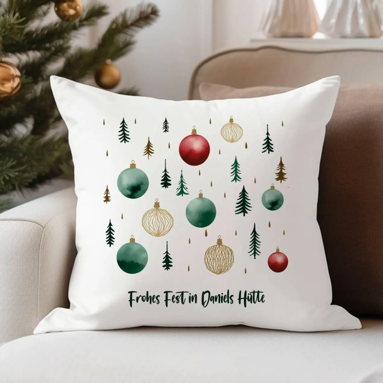 Weihnachtskissen mit festlichem Winterwald & Ihrem Text