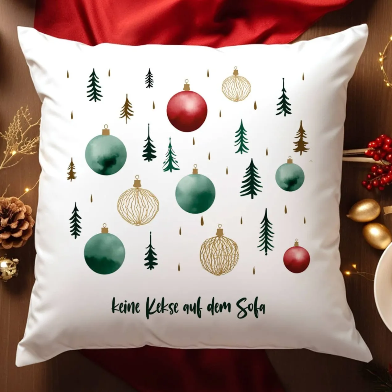 Weihnachtskissen mit festlichem Winterwald & Ihrem Text