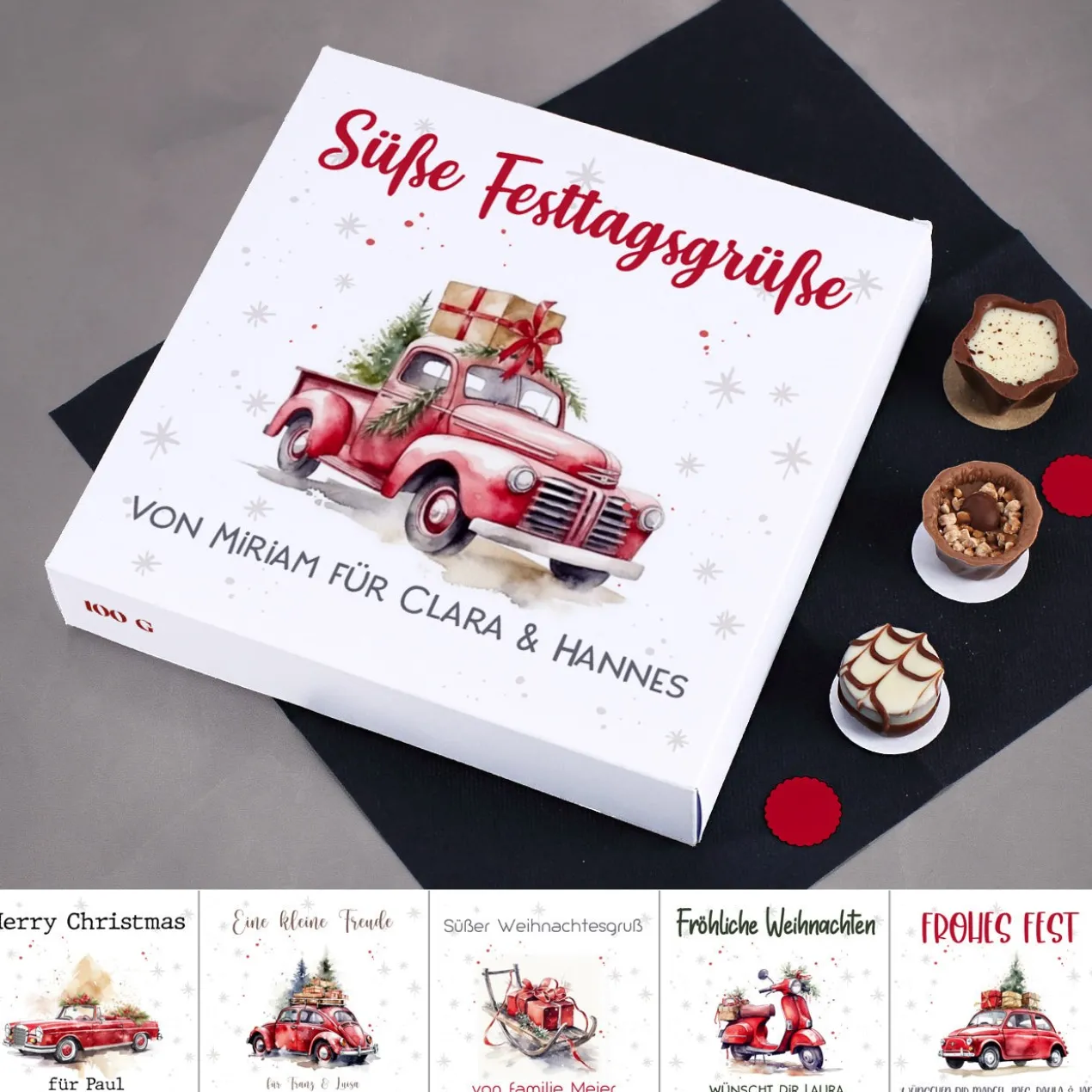 Weihnachts-Pralinés von Lindt mit Ihrem Text & Santa's Fuhrpark