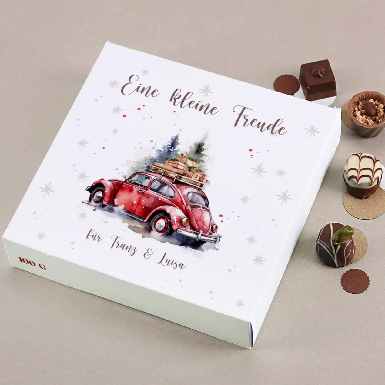 Weihnachts-Pralinés von Lindt mit Ihrem Text & Santa's Fuhrpark