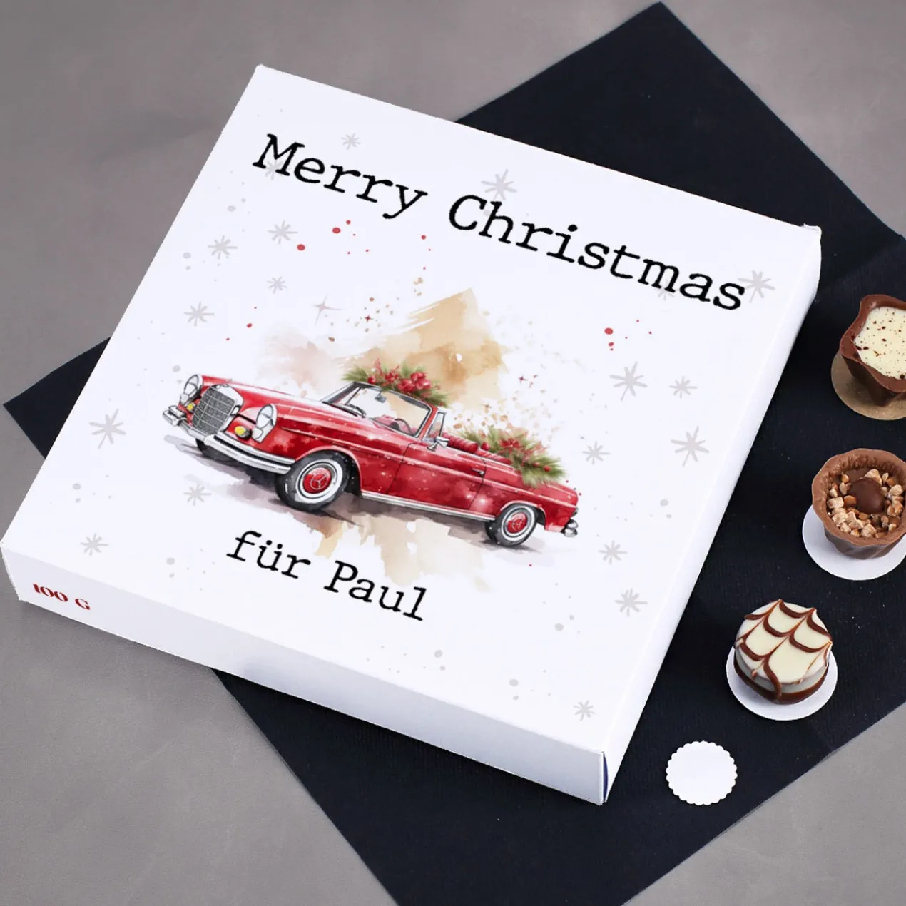 Weihnachts-Pralinés von Lindt mit Ihrem Text & Santa's Fuhrpark