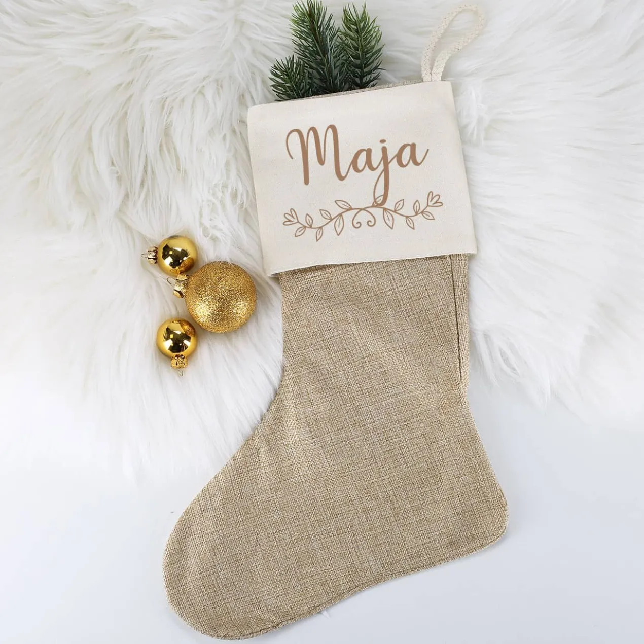 Weihnachtssocke mit Name und Ornament bedruckt