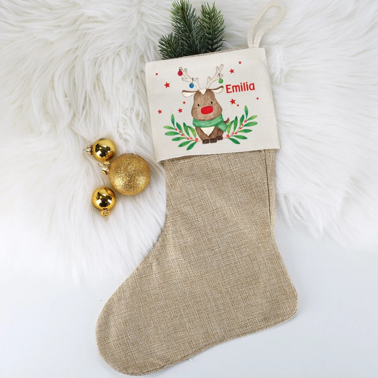 Weihnachtssocke mit Rentiermotiv und Namensaufdruck