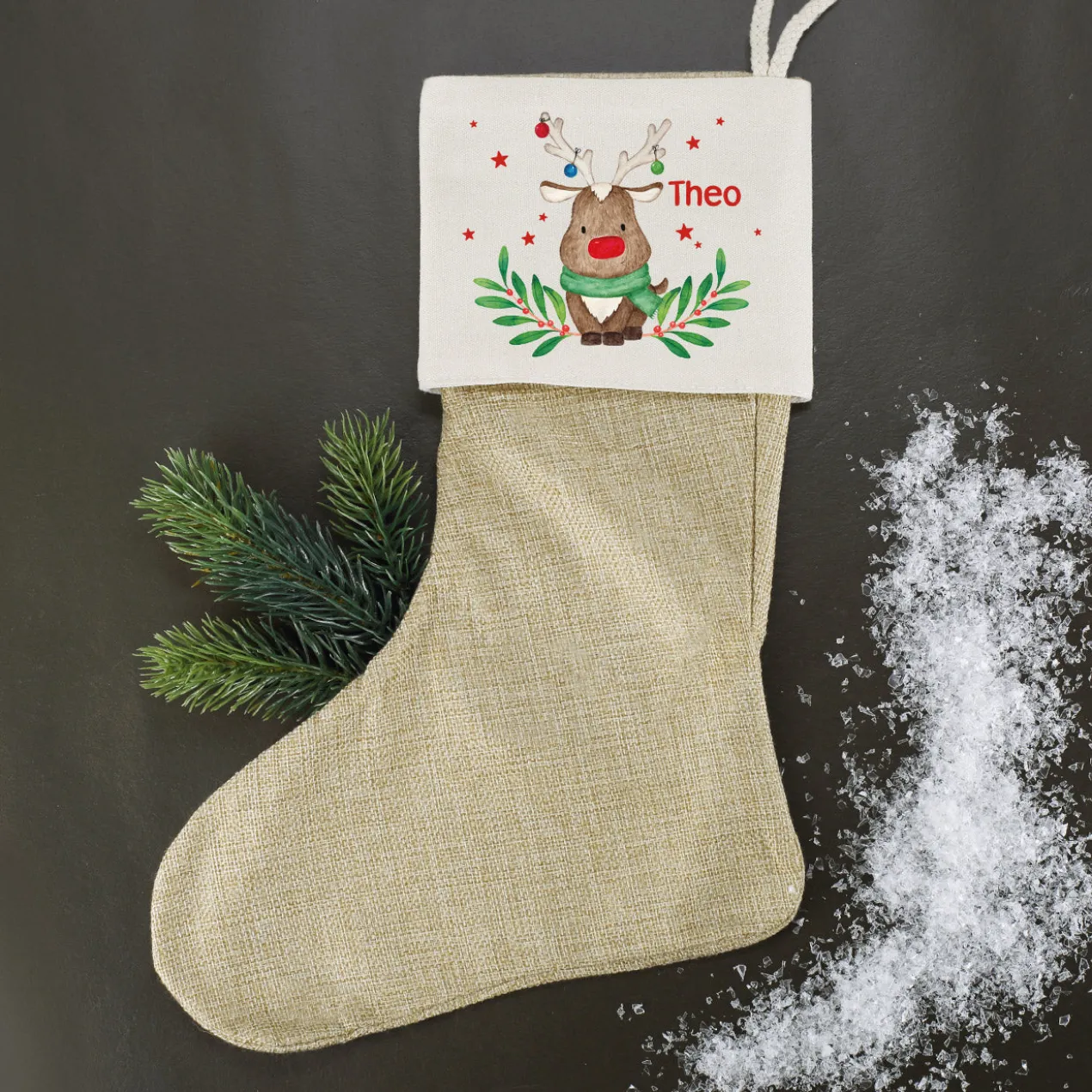 Weihnachtssocke mit Rentiermotiv und Namensaufdruck