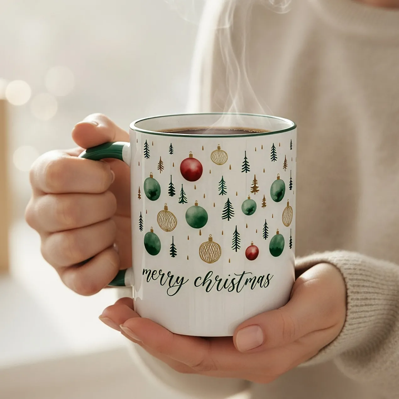 Weihnachtstasse 'Merry Christmas' mit Baumschmuck-Motiv | Festliche Keramiktasse zu Weihnachten