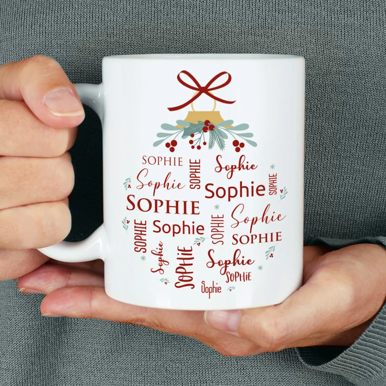 Weihnachts-Tasse mit Ihrem Namen in verschiedenen Schriftarten