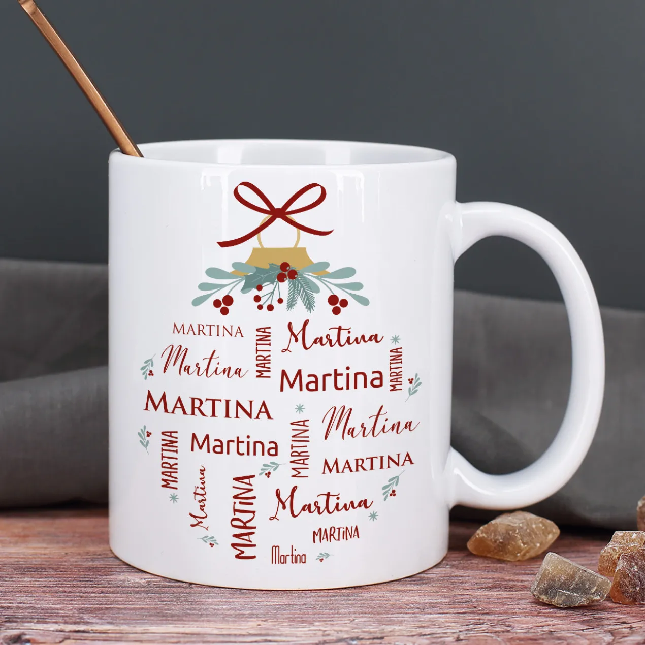 Weihnachts-Tasse mit Ihrem Namen in verschiedenen Schriftarten