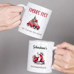 Weihnachts-Tasse mit Ihrem Text & Santa's Fuhrpark