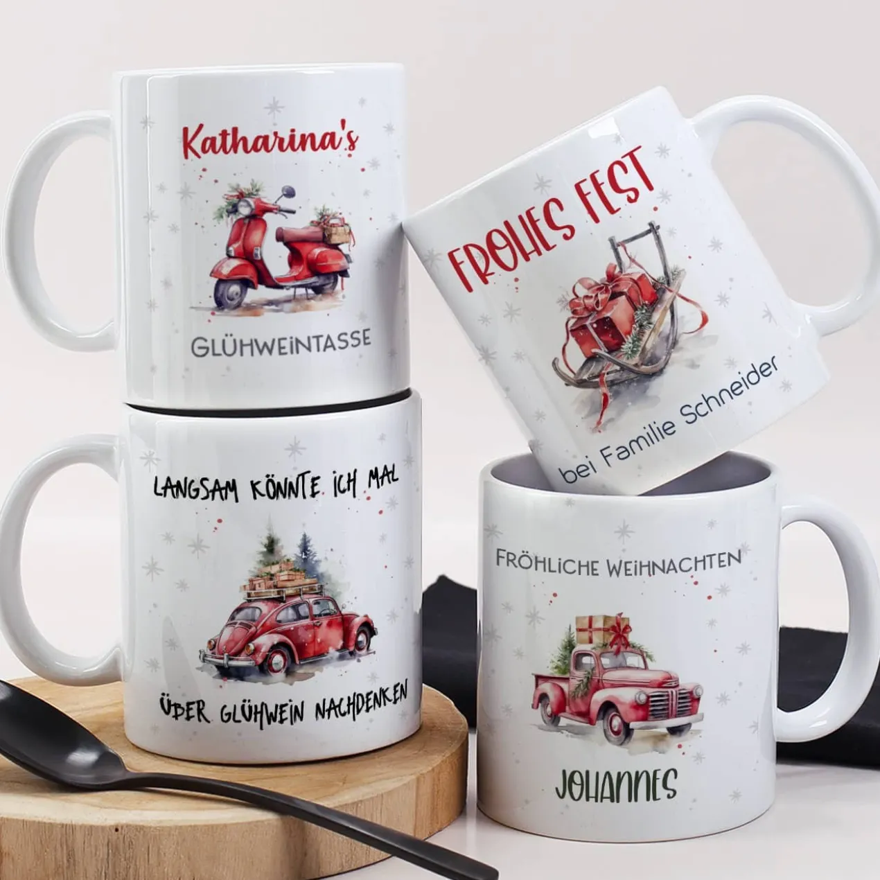 Weihnachts-Tasse mit Ihrem Text & Santa's Fuhrpark