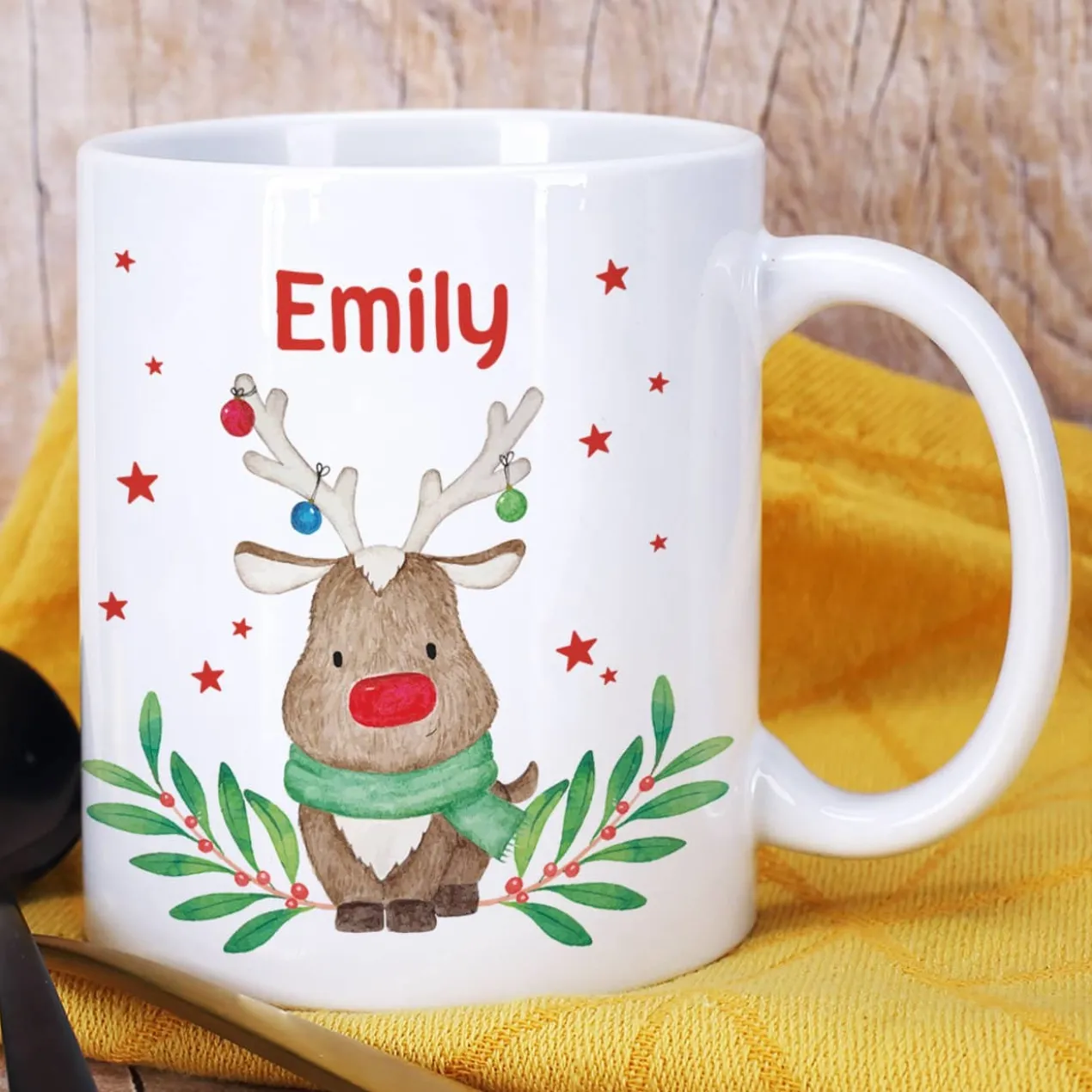 Weihnachtstasse mit Rentiermotiv und Name