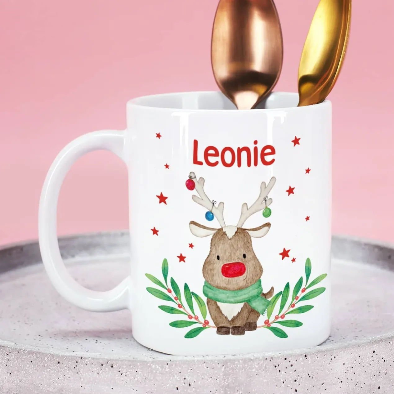 Weihnachtstasse mit Rentiermotiv und Name