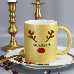 Weihnachtstasse mit Rentiernase, Geweih und Ihrem Wunschnamen