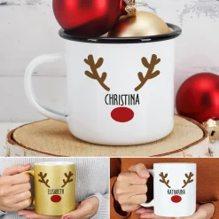 Weihnachtstasse mit Rentiernase, Geweih und Ihrem Wunschnamen