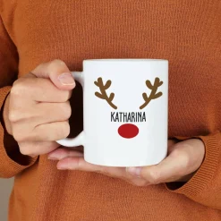 Weihnachtstasse mit Rentiernase, Geweih und Ihrem Wunschnamen
