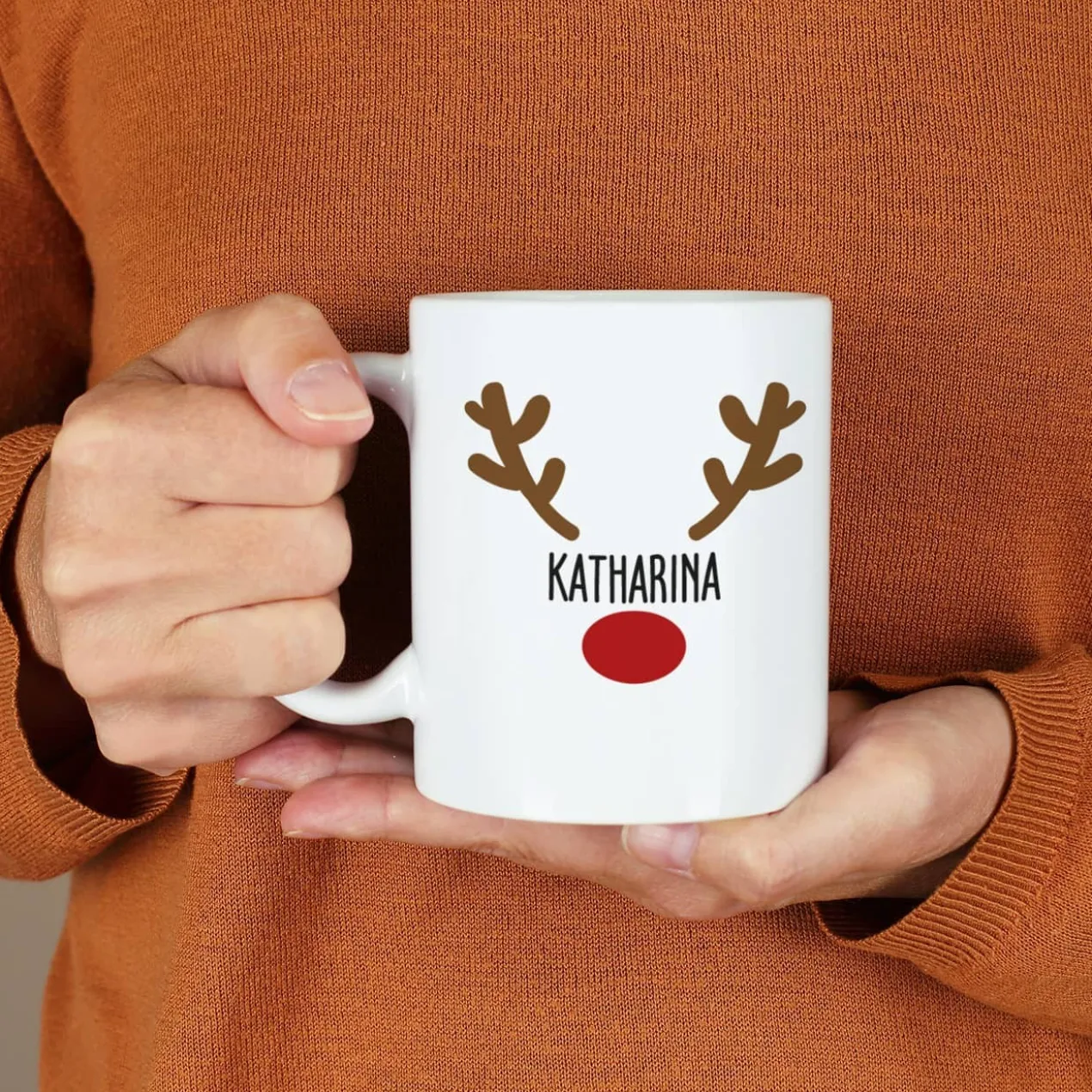 Weihnachtstasse mit Rentiernase, Geweih und Ihrem Wunschnamen