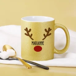 Weihnachtstasse mit Rentiernase, Geweih und Ihrem Wunschnamen