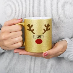 Weihnachtstasse mit Rentiernase, Geweih und Ihrem Wunschnamen
