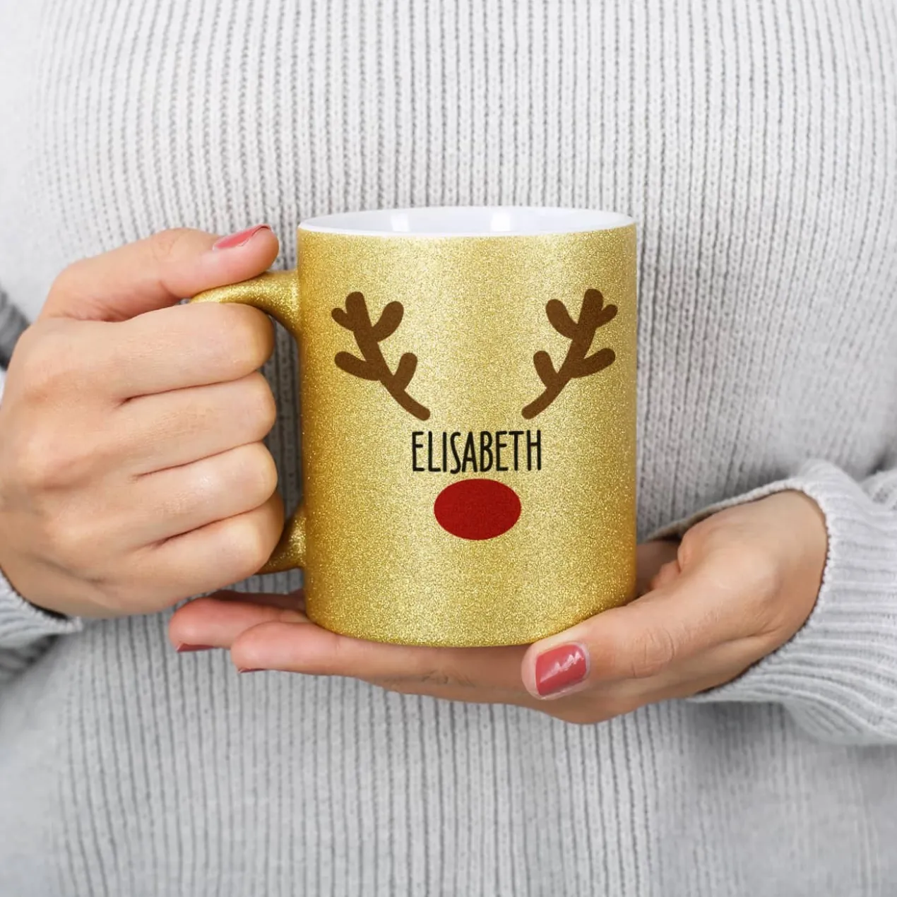 Weihnachtstasse mit Rentiernase, Geweih und Ihrem Wunschnamen