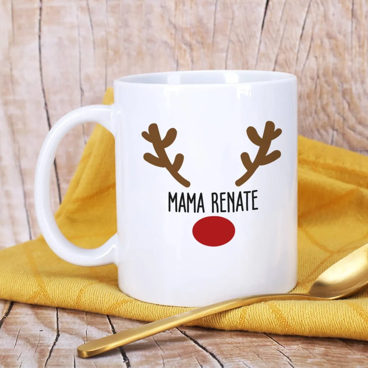 Weihnachtstasse mit Rentiernase, Geweih und Ihrem Wunschnamen
